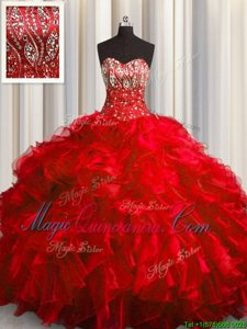 Delicate With Train Red Vestidos de Quinceanera Organza Brush Train Sleeveless Beading and Ruffles