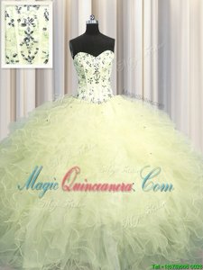 Luxurious Visible Boning Floor Length Ball Gowns Sleeveless Light Yellow Quinceanera Gowns Lace Up