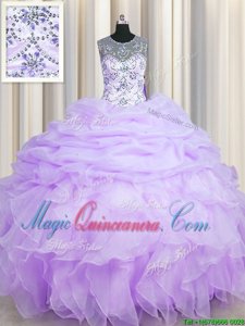 Excellent See Through Lavender Quinceanera Dress Military Ball and Sweet 16 and Quinceanera and For with Beading and Ruffles and Pick Ups Scoop Sleeveless Lace Up