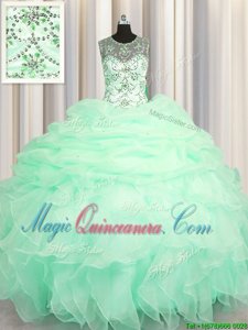 Romantic Scoop See Through Floor Length Lace Up Quinceanera Gowns Apple Green and In for Military Ball and Sweet 16 and Quinceanera with Beading and Ruffles and Pick Ups