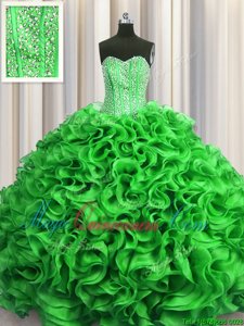 Visible Boning Green Organza Lace Up Sweetheart Sleeveless Floor Length Quinceanera Gown Beading and Ruffles