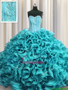 Visible Boning Sweetheart Sleeveless Organza Vestidos de Quinceanera Beading and Ruffles Lace Up