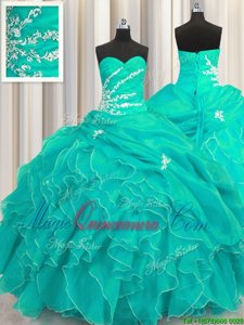 Fantastic Beading and Appliques and Ruffles Quinceanera Gown Turquoise Lace Up Sleeveless Floor Length