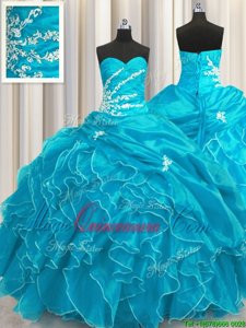 High Class Aqua Blue Ball Gowns Sweetheart Sleeveless Organza Floor Length Lace Up Beading and Appliques and Ruffles Sweet 16 Dress