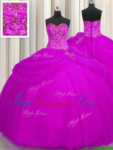 Affordable Fuchsia Ball Gowns Tulle Sweetheart Sleeveless Beading Floor Length Lace Up Sweet 16 Dress