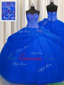 Customized Big Puffy Royal Blue Sleeveless Floor Length Beading Lace Up Quinceanera Dress