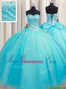 Admirable Puffy Skirt Baby Blue Sleeveless Floor Length Beading Lace Up 15 Quinceanera Dress