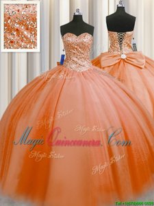 Fashion Puffy Skirt Orange Red Sleeveless Tulle Lace Up Quinceanera Dresses for Military Ball and Sweet 16 and Quinceanera