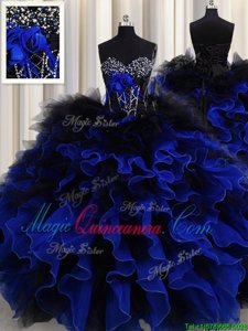 Blue And Black Ball Gowns Beading and Ruffles 15 Quinceanera Dress Lace Up Organza and Tulle Sleeveless Floor Length