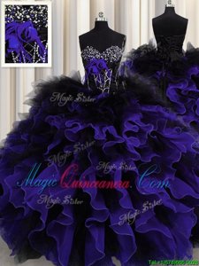 Black And Purple Sweetheart Neckline Beading and Ruffles Quinceanera Gown Sleeveless Lace Up