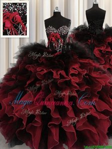 Sweetheart Sleeveless Quinceanera Gown Floor Length Beading and Ruffles Red And Black Organza and Tulle