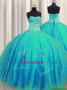 Big Puffy Aqua Blue Tulle Lace Up Sweetheart Sleeveless Floor Length Sweet 16 Quinceanera Dress Beading and Appliques