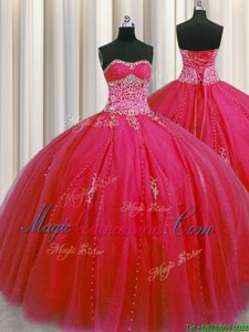 Trendy Big Puffy Ball Gowns Quinceanera Dress Red Sweetheart Tulle Sleeveless Floor Length Lace Up