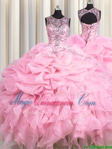 Glittering Scoop See Through Organza Sleeveless Floor Length 15th Birthday Dress and Beading and Ruffles and Pick Ups