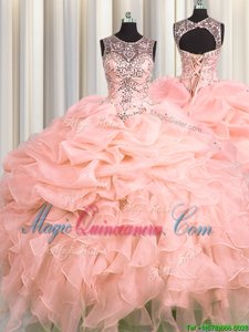 On Sale Scoop See Through Pink Ball Gowns Beading and Ruffles and Pick Ups 15 Quinceanera Dress Lace Up Organza Sleeveless Floor Length