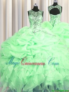 Fabulous Scoop See Through Apple Green Lace Up Sweet 16 Dress Beading and Ruffles and Pick Ups Sleeveless Floor Length