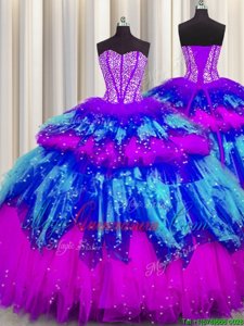 Stylish Bling-bling Visible Boning Multi-color Sweetheart Neckline Beading and Ruffles and Ruffled Layers and Sequins Quince Ball Gowns Sleeveless Lace Up