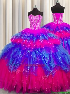 Bling-bling Visible Boning Floor Length Lace Up Quinceanera Dresses Multi-color and In for Military Ball and Sweet 16 and Quinceanera with Beading and Ruffles and Ruffled Layers and Sequins