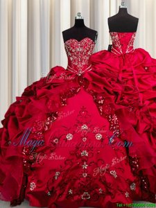 Great Embroidery Sequins Taffeta Sweetheart Sleeveless Lace Up Beading and Appliques and Ruffles Sweet 16 Dresses in Red