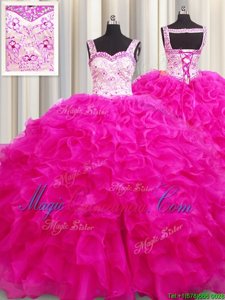 Customized Beading and Ruffles Quinceanera Gown Fuchsia Lace Up Sleeveless Floor Length