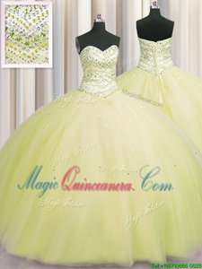 Trendy Bling-bling Puffy Skirt Floor Length Light Yellow Quinceanera Gowns Sweetheart Sleeveless Lace Up