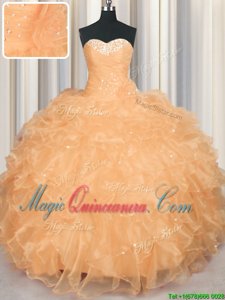 Hot Sale Orange Sweetheart Lace Up Beading and Ruffles Vestidos de Quinceanera Sleeveless