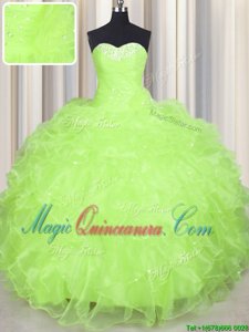 Best Selling Sleeveless Floor Length Beading and Ruffles Lace Up Sweet 16 Quinceanera Dress with Yellow Green