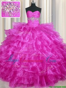 Fuchsia Sweetheart Lace Up Beading and Ruffled Layers Vestidos de Quinceanera Sleeveless