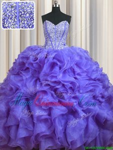 Bling-bling Lavender Sleeveless Organza Brush Train Lace Up Sweet 16 Quinceanera Dress for Military Ball and Sweet 16 and Quinceanera