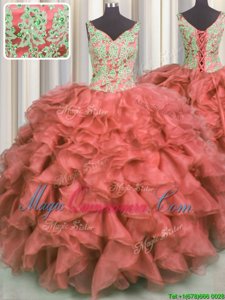 Comfortable V Neck Coral Red Sleeveless High Low Beading and Ruffles Lace Up Quinceanera Dress