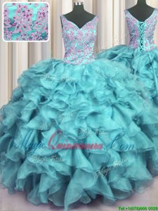 Ruffled V Neck V-neck Sleeveless Organza 15th Birthday Dress Appliques and Ruffles Lace Up