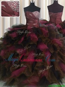 Beautiful Sweetheart Sleeveless Quinceanera Gowns Floor Length Beading and Ruffles and Ruffled Layers Wine Red Organza and Tulle