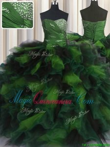 Beading and Ruffles Quinceanera Gowns Olive Green Lace Up Sleeveless Floor Length