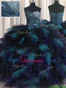 Multi-color Ball Gowns Sweetheart Sleeveless Organza and Tulle Floor Length Lace Up Beading and Ruffles Quinceanera Gowns