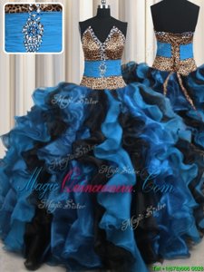 Fashionable Leopard Two Tone V Neck Blue And Black Organza and Printed Lace Up V-neck Sleeveless Floor Length 15th Birthday Dress Beading and Ruffles