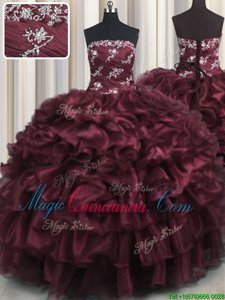 Elegant Ruffled Layers Ball Gowns Sweet 16 Dresses Wine Red Strapless Organza Sleeveless Floor Length Lace Up