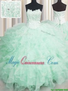 Extravagant Scalloped Visible Boning Apple Green Ball Gowns Beading and Ruffles Quinceanera Gowns Lace Up Organza Sleeveless Floor Length