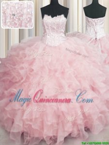 Dynamic Visible Boning Scalloped Floor Length Baby Pink Quinceanera Dress Organza Sleeveless Beading and Ruffles