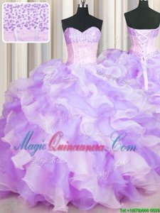 Inexpensive Two Tone Visible Boning Multi-color Sweetheart Neckline Beading and Ruffles 15 Quinceanera Dress Sleeveless Lace Up