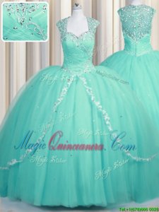 Unique Zipper Aqua Blue Sweet 16 Dress Tulle Brush Train Cap Sleeves Beading and Appliques