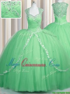 Most Popular Apple Green Ball Gowns Sweetheart Cap Sleeves Tulle Brush Train Zipper Beading and Appliques 15th Birthday Dress