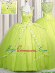 Zipper Up With Train Ball Gowns Cap Sleeves Yellow Green Quinceanera Dress Brush Train Zipper