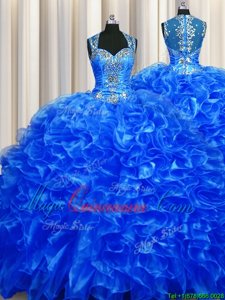 Zipper Up See Through Back Royal Blue Organza Zipper Quinceanera Gown Sleeveless With Train Sweep Train Beading and Ruffles