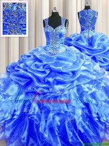 Glorious Zipper Up See Through Back Straps Sleeveless Organza Quinceanera Gowns Beading and Ruffles and Pick Ups Zipper