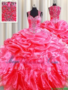 Romantic Zipper Up See Through Back Hot Pink Ball Gowns Straps Sleeveless Organza Floor Length Zipper Beading and Ruffles and Pick Ups Vestidos de Quinceanera