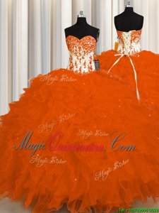 Exquisite Orange Red Sleeveless Organza Lace Up Quinceanera Gown for Military Ball and Sweet 16 and Quinceanera