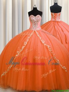 Elegant Orange Tulle Lace Up Quinceanera Gown Sleeveless Brush Train Beading