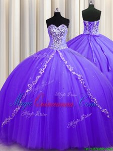 Sleeveless Tulle Sweep Train Lace Up 15 Quinceanera Dress in Lavender for with Beading