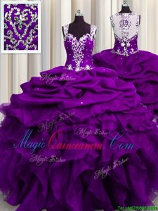 Chic See Through Back Straps Sleeveless Ball Gown Prom Dress Floor Length Beading and Ruffles and Sequins and Pick Ups Eggplant Purple and Purple Organza