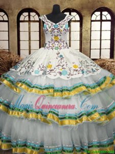 Trendy Multi-color Organza Lace Up Sweet 16 Dress Sleeveless Floor Length Embroidery and Ruffled Layers